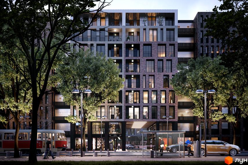 Житловий комплекс 044. Багатоповерховий будинок з балконами та великими вікнами. На передньому плані дерева, ліхтарі та зупинка громадського транспорту.