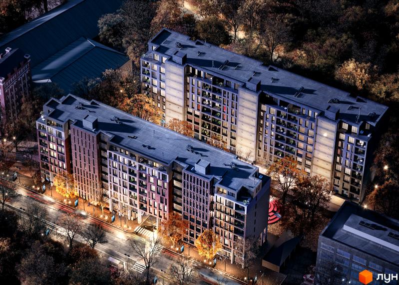 Високоповерхові будинки житлового комплексу з терасами та великими вікнами. На прибудинковій території дерева та вуличне освітлення.