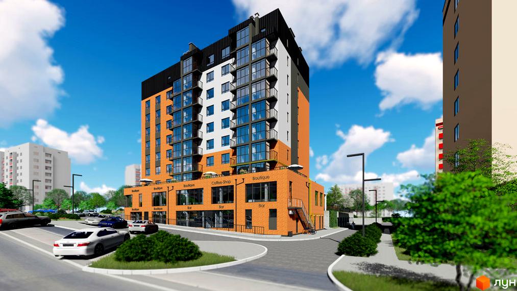 Ефектна новобудова з цегляним фасадом та скляними балконами, розташована біля дороги з автомобілями та зеленими насадженнями.