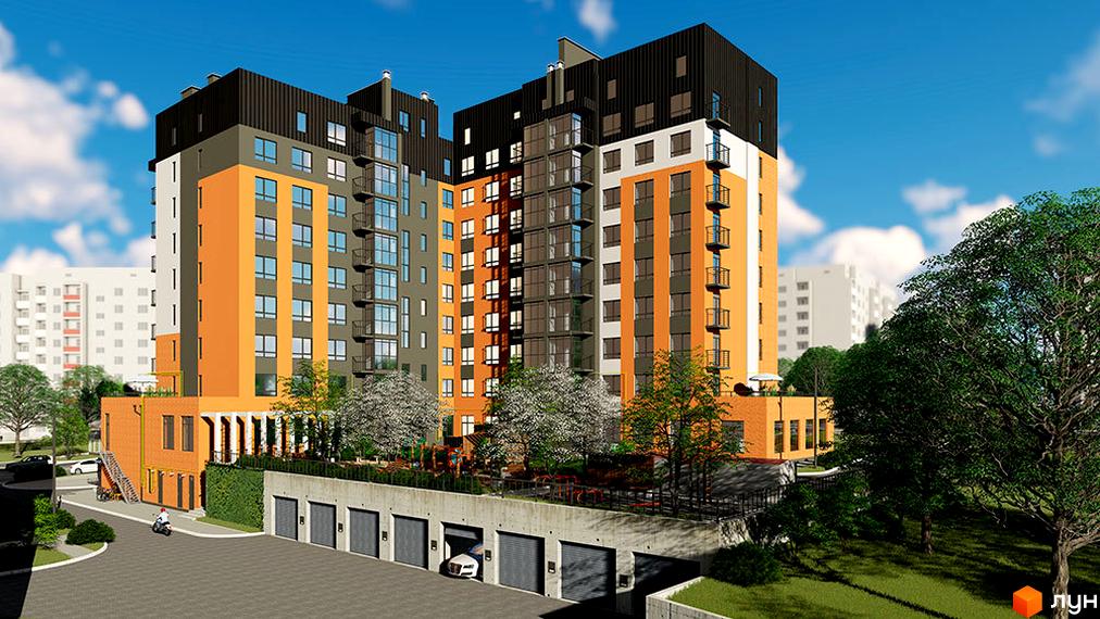 Багатоповерховий житловий комплекс на вул. Панаса Мирного, 24 з помаранчевими, сірими та білими фасадами. Навколо будинку є зелені насадження, підземний паркінг та дитячий майданчик.