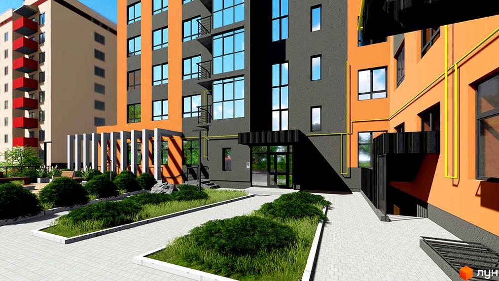 Будівлі Житлового комплексу на Панаса Мирного, 24 мають темно-сірий та помаранчевий фасад. Територія облаштована зеленими насадженнями та доріжками.