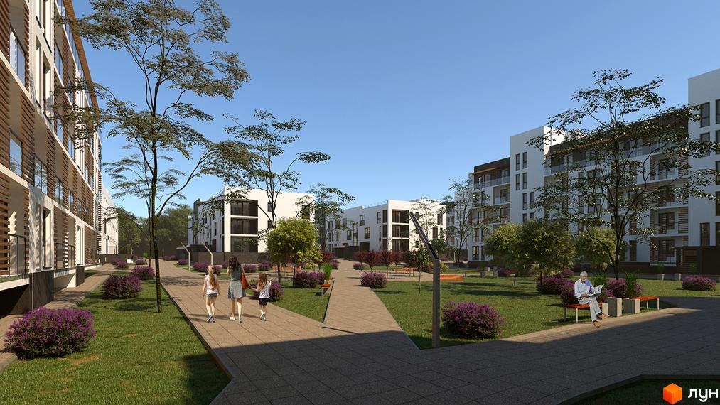 Житловий комплекс Еко-дім на Надійній. Зображення показує будівлі з білими фасадами та великими вікнами. На території є зелені насадження, доріжки та лавки для відпочинку.