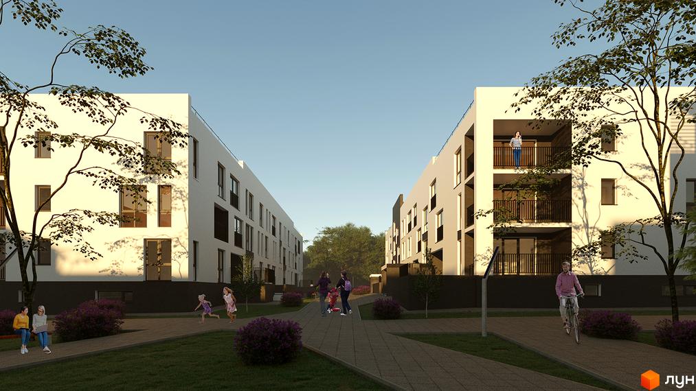 Житловий комплекс Еко-дім на Надійній. Білі будинки з темними балконами та вікнами. На території є доріжки, дерева та зелені насадження.