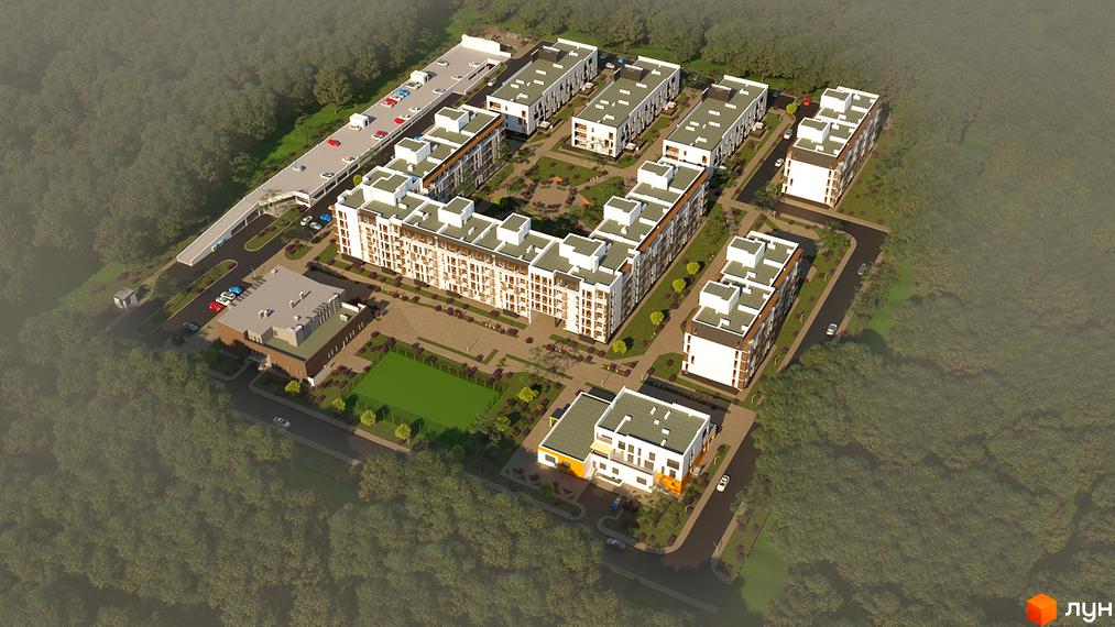 Житловий комплекс Еко-дім на Надійній: багатоповерхові будинки світлих тонів з внутрішніми дворами. Територія включає паркінг, спортмайданчик, оточена лісом.