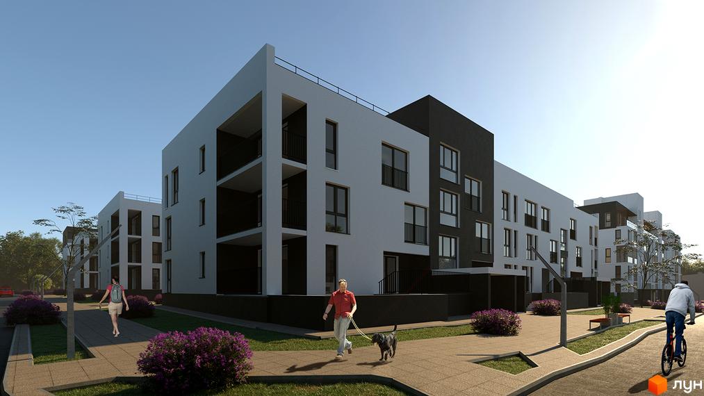 Житловий комплекс Еко-дім на Надійній: світлі та темні будинки з вікнами й балконами. Прибудинкова територія з доріжками, зеленню та людьми.