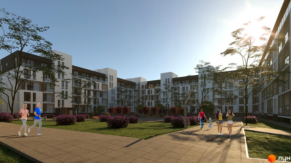 Житловий комплекс Еко-дім на Надійній: багатоповерхові будинки зі світлими фасадами та балконами, оточені зеленими газонами, деревами та кущами.