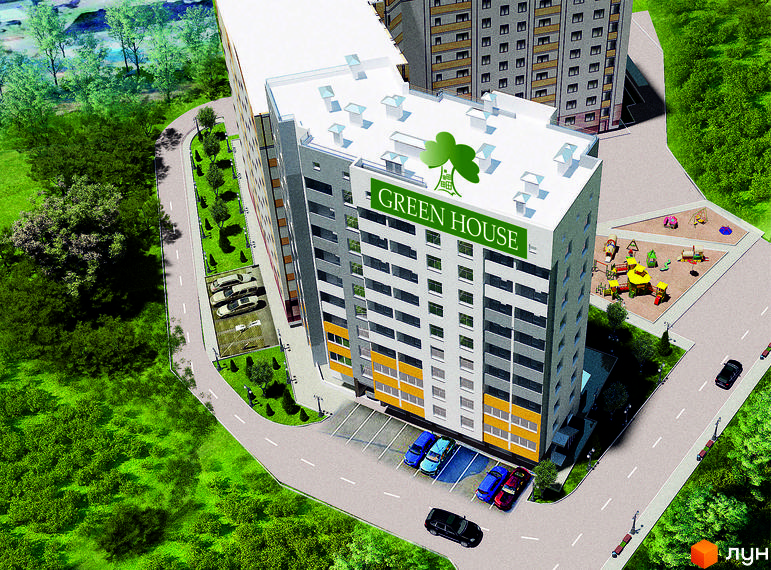 Новобудова Green House з логотипом у вигляді дерева. Навколо будинку розташовані парковка та дитячий майданчик.