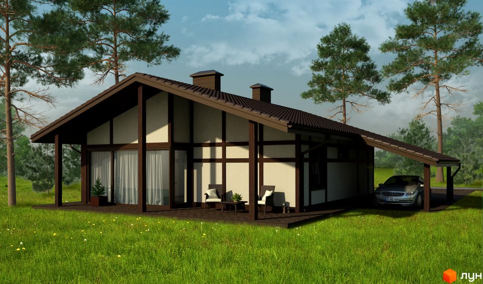 Будинок у Котеджному містечку Удачино з темним дахом, світлими стінами, дерев'яними балками, терасою та навісом для авто серед зелені.