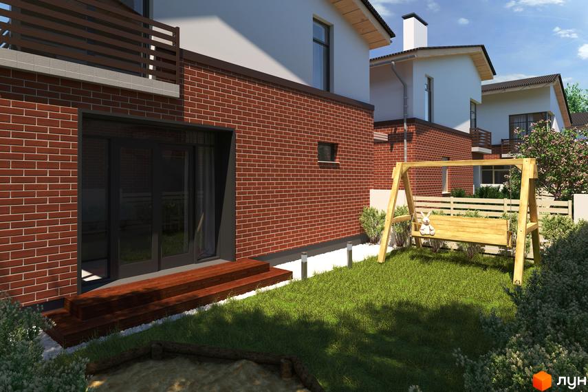 Будинки з червоної цегли та білими фасадами, великими вікнами та балконами. Прибудинкова територія з зеленим газоном, дерев'яною гойдалкою та доріжками з білого каменю.