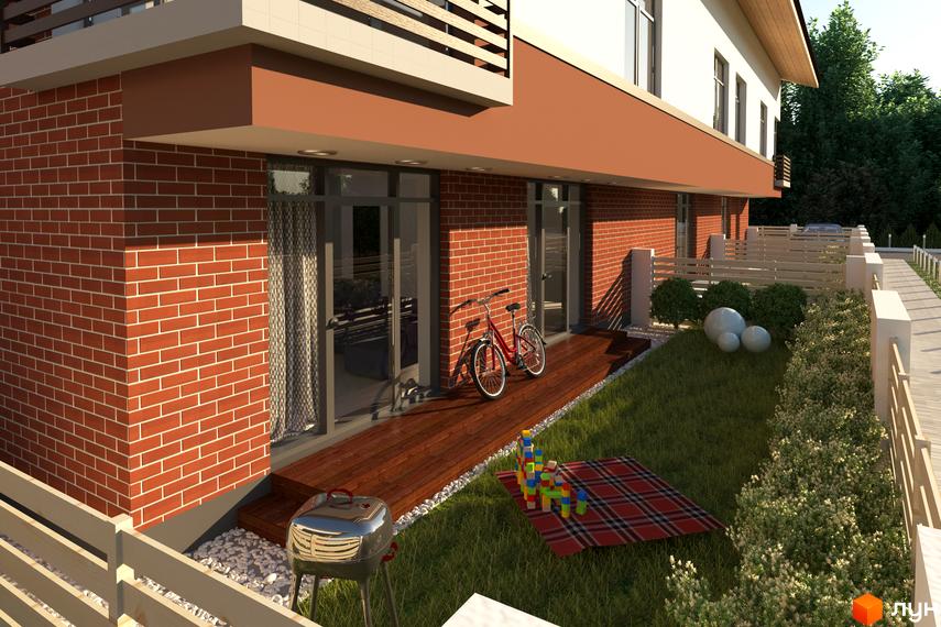 Новобудова на вул. Івана Франка, 6 з червоної цегли та світлими верхніми поверхами. Прибудинкова територія має газон, дерев'яну терасу та зону відпочинку.