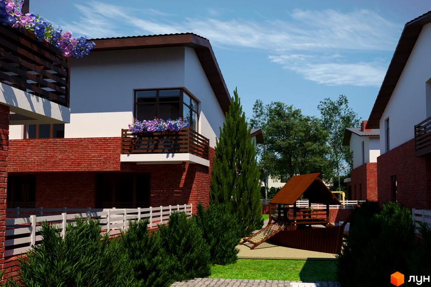 Двоповерхові будинки з білими фасадами, червоною цеглою та балконами. Прибудинкова територія з озелененням та дитячим майданчиком.