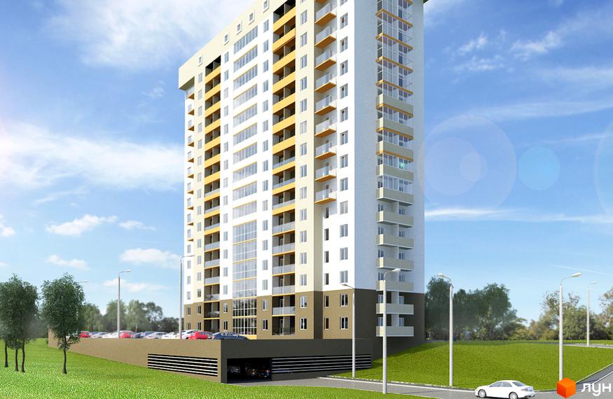 Житловий комплекс Сонячний квартал 4: багатоповерховий будинок біло-жовтого кольору з балконами. Навколо зелена зона, наземний та підземний паркінг.