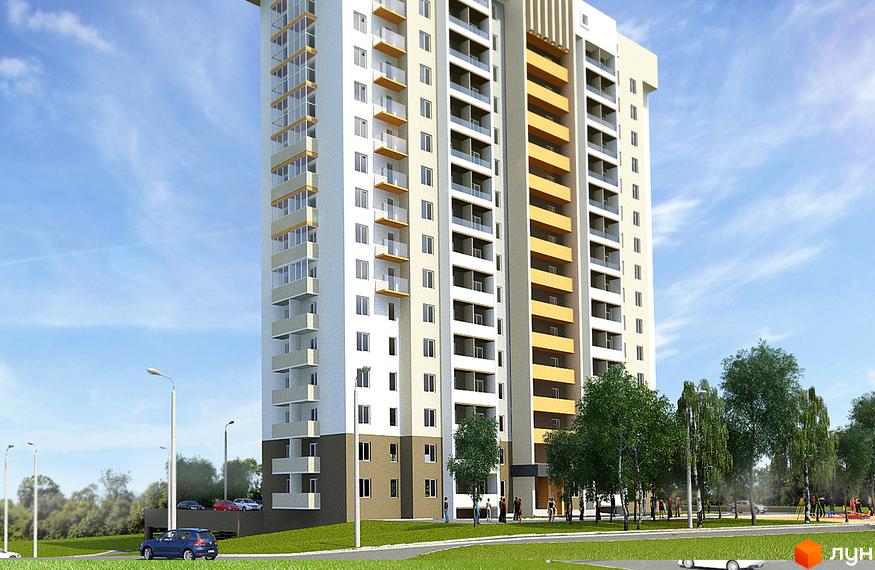 Житловий комплекс Сонячний квартал 4: багатоповерховий будинок світлого кольору з жовтими та скляними балконами, оточений зеленими насадженнями та дорогами.