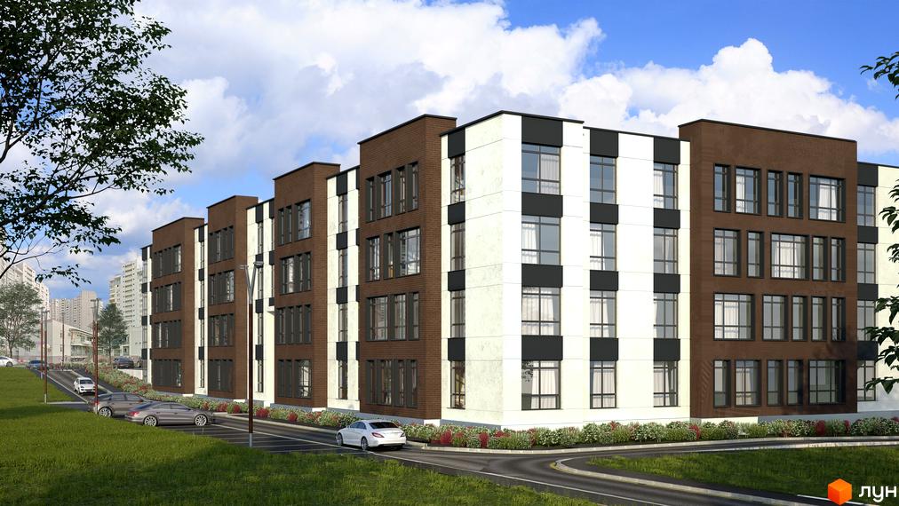 Зображення фасаду Житлового комплексу Praga-2. Багатоповерховий будинок з великими вікнами та акуратним подвір'ям.