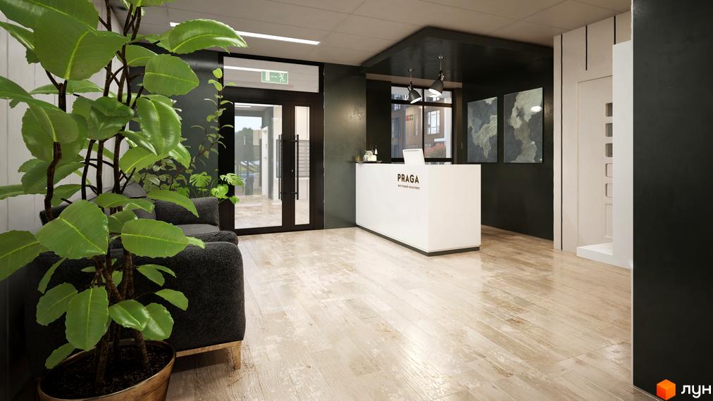 Інтер'єр вхідної групи Житлового комплексу Praga-2. Ресепшн, м'які меблі, рослини у горщиках та вихід на вулицю.