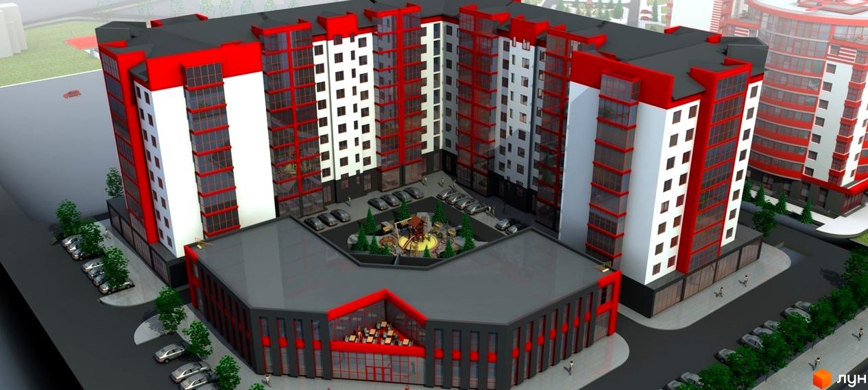 Зображення Житлового району Європейський city: багатоповерхівка з червоно-білим фасадом. У дворі розташований дитячий майданчик та парковка.