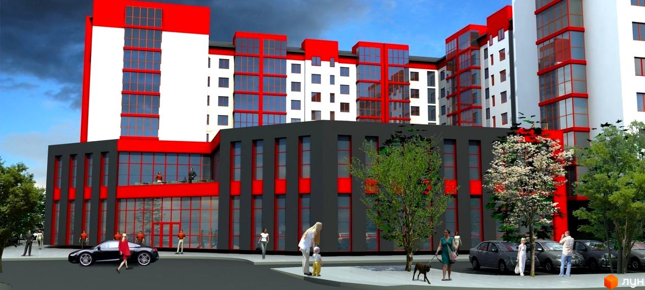 Зображення будинку Житлового району Європейський city. Багатоповерхова будівля з червоними та сірими елементами, перед будинком припарковані автомобілі та гуляють люди.