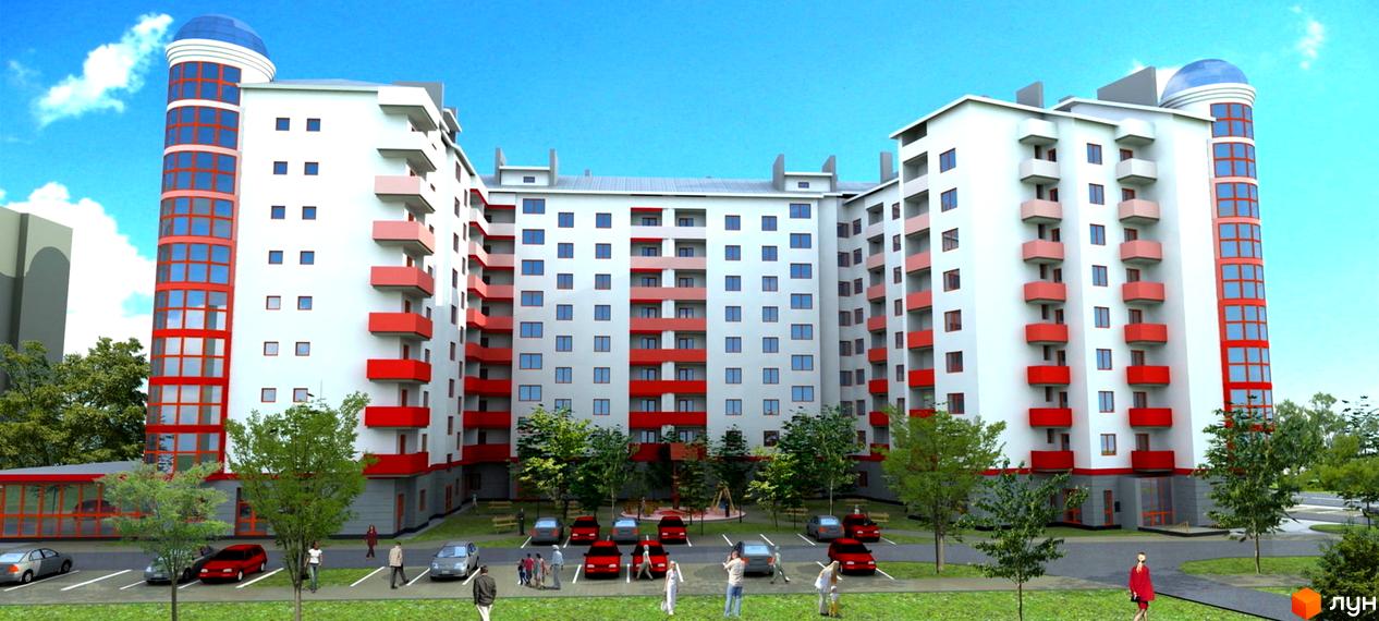 Зображення фасаду Новобудови Red House II з червоними балконами та скляною вежею. На території парковка, дерева та пішохідна зона.