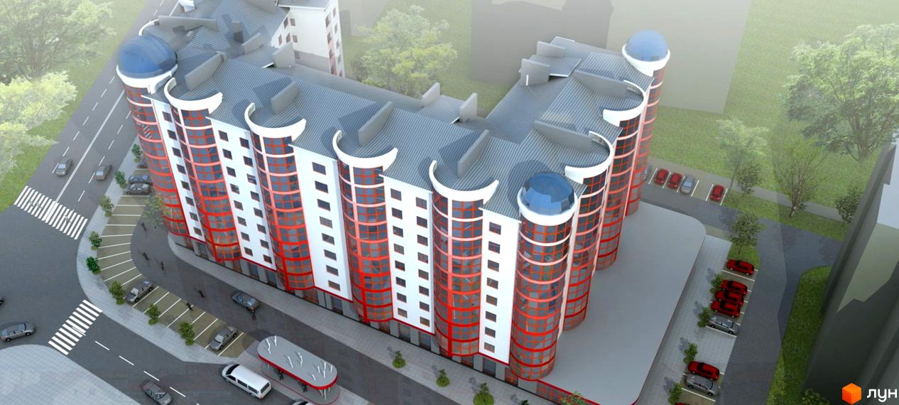Зображення житлового комплексу Red House II з оригінальною архітектурою та куполами. Навколо будинку облаштована прибудинкова територія з паркінгом та тротуарами.