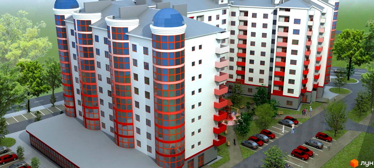 Зображення фасаду та прибудинкової території Комплексу Red House II. Багатоповерховий будинок з куполами, поруч парковка та зелені насадження.