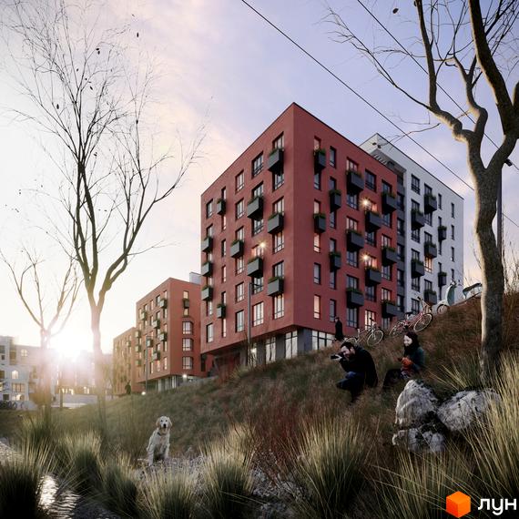 Житловий комплекс HYGGE: багатоповерхові будинки червоного та білого кольору з балконами, на тлі пагорба з травою, деревами та людьми.