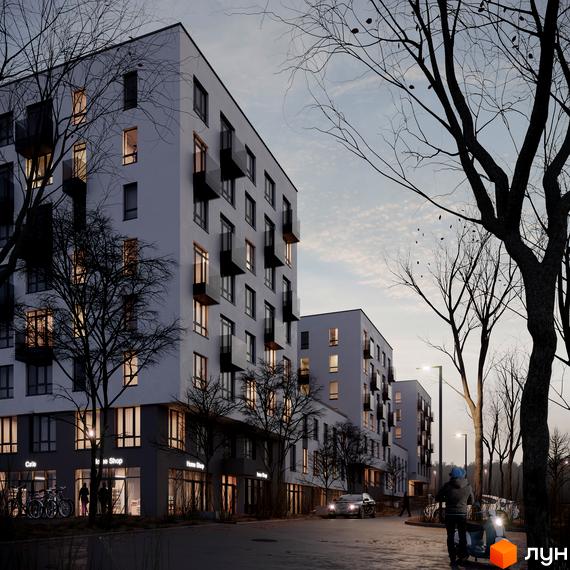 Житловий комплекс HYGGE: білі багатоповерхові будинки з темними вікнами та балконами. На перших поверхах комерційні приміщення, поруч дерева та дорога.