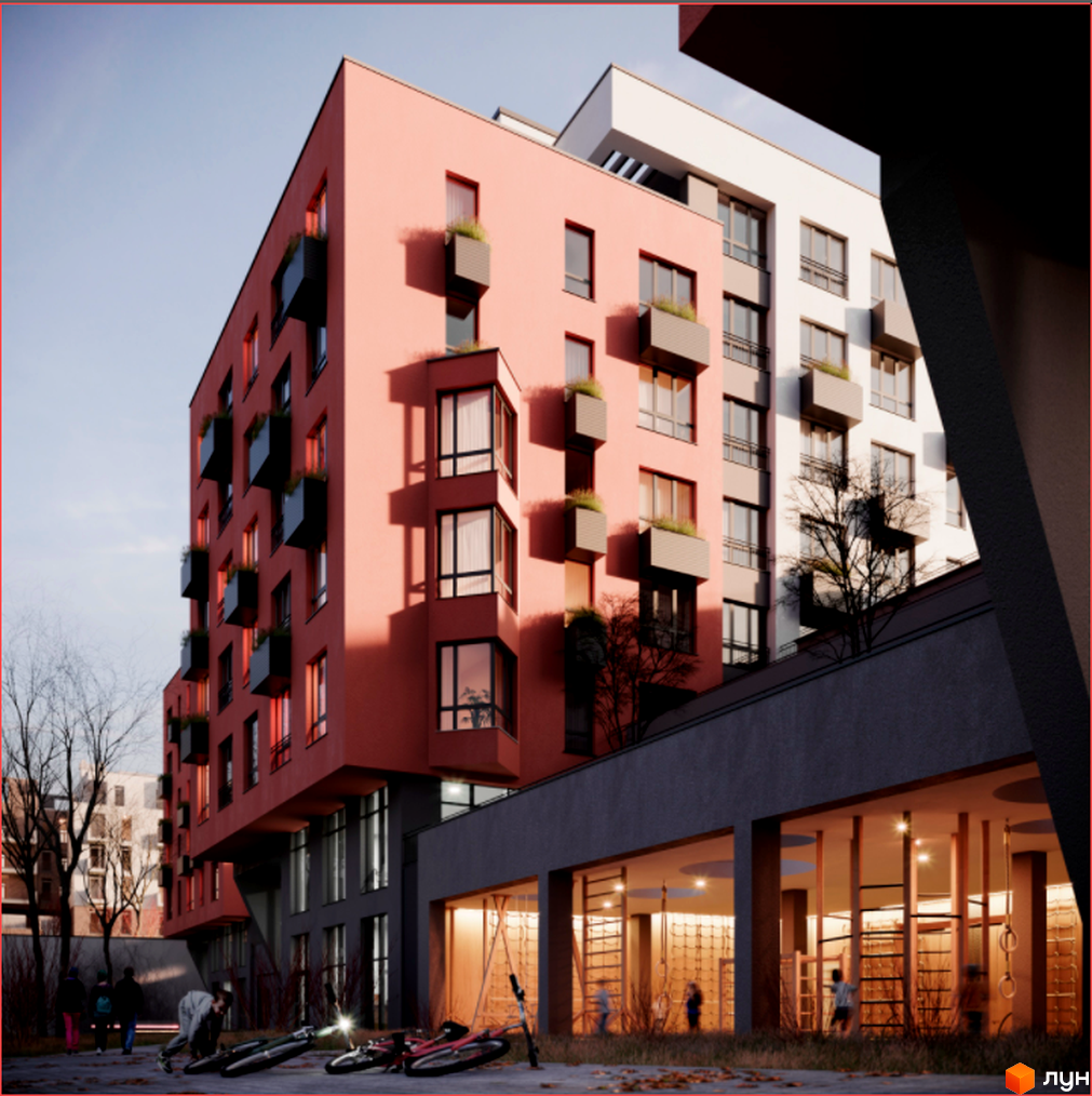 Зображення Житлового комплексу HYGGE з теракотовим фасадом, темними балконами та великими вікнами. На передньому плані видно ігровий простір та велосипеди.