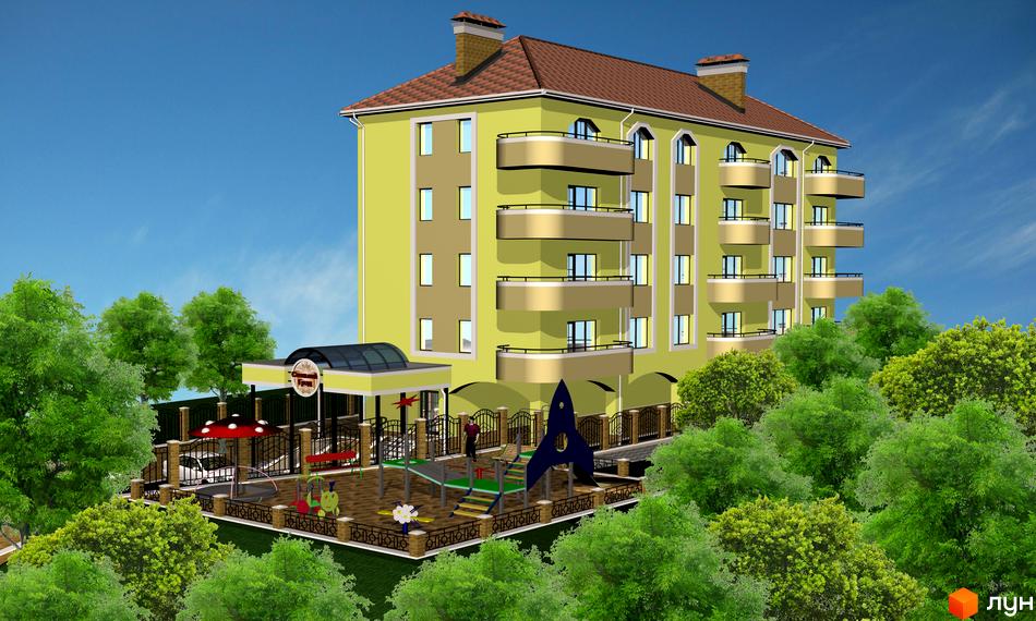 Житловий комплекс Стольный град з балконами та прибудинковою територією, облаштованою дитячим майданчиком та зеленими насадженнями.