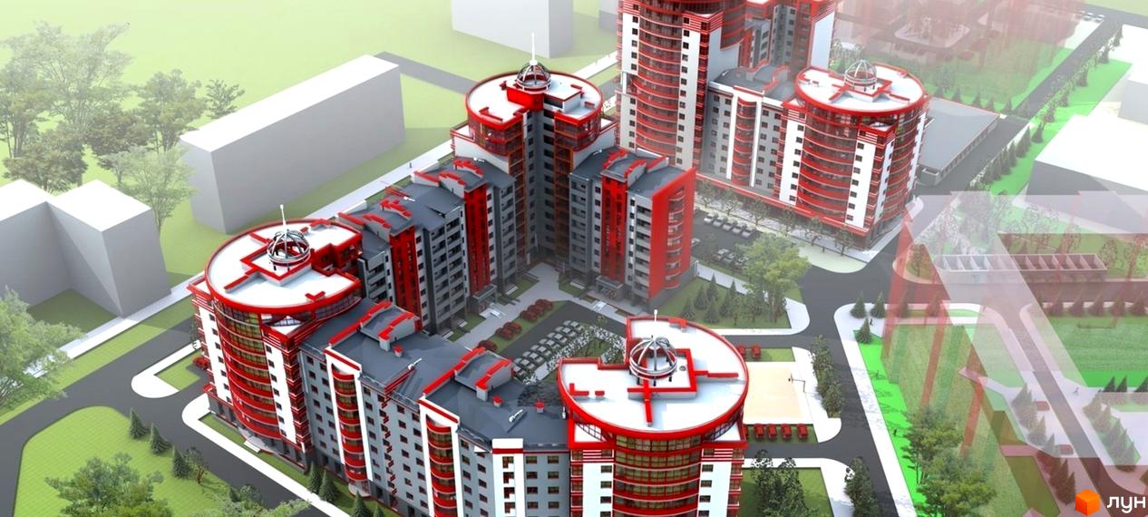 Зображення житлового району Європейський city: багатоповерхові будинки з червоними вставками та круглими дахами. Навколо новобудови зелені насадження та парковка.