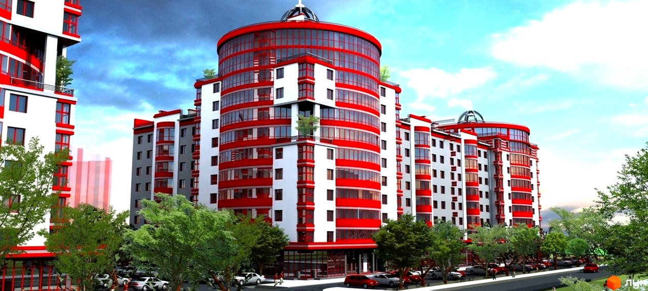 Зображення фасаду Житлового комплексу Європейський city. Багатоповерховий будинок з червоними лініями та панорамними вікнами.