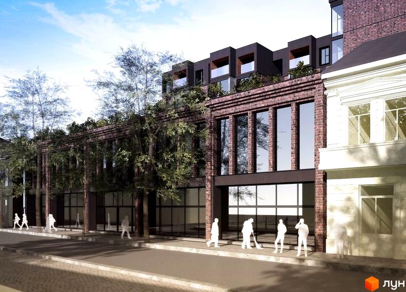 Житловий комплекс Коновальця має цегляний фасад, великі вікна та темні верхні поверхи з терасами. Будівля оточена деревами, а на тротуарі рухаються пішоходи.