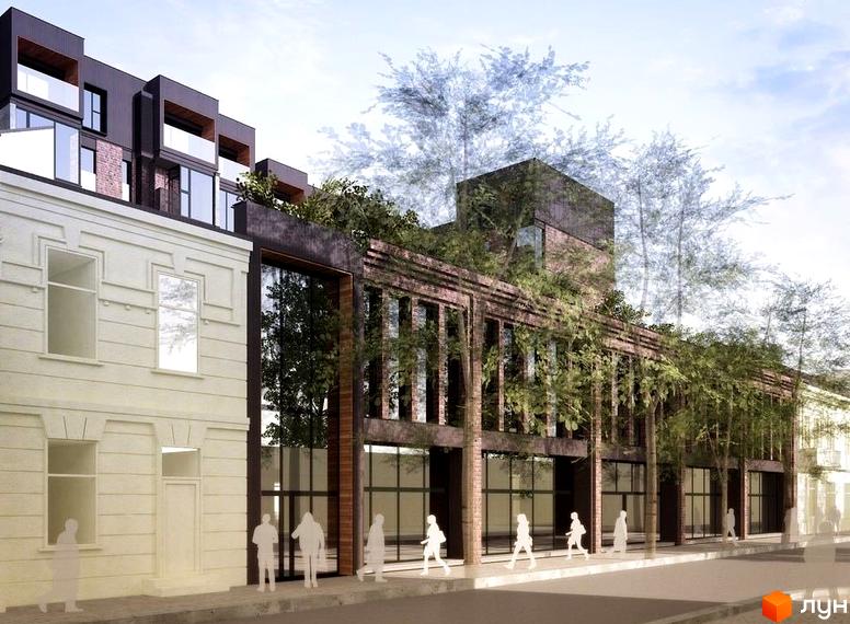 Багатоповерховий будинок Житлового комплексу Коновальця з комбінованим фасадом та великими вікнами. Перед будинком тротуар з пішоходами та зелені насадження.