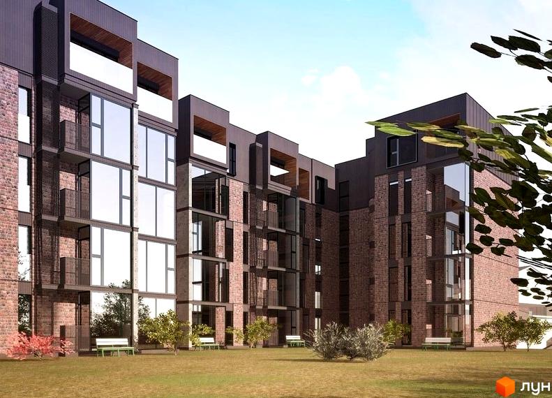 Житловий комплекс Коновальця: багатоповерховий будинок з цегляним фасадом та великими вікнами, оточений зеленим газоном та лавками.