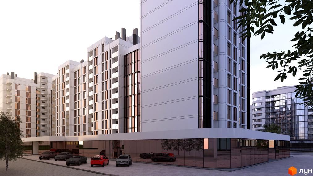 Житловий комплекс Смарагдові Вежі-3 має світлі фасади, скляні балкони та великі вікна. Перед будинком розташована парковка з автомобілями та дерева.