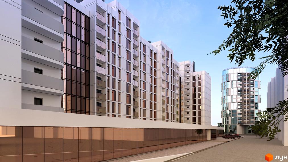 Житловий комплекс Смарагдові Вежі-3: багатоповерхові будинки з білими фасадами та великими вікнами, поруч дорога та дерева.