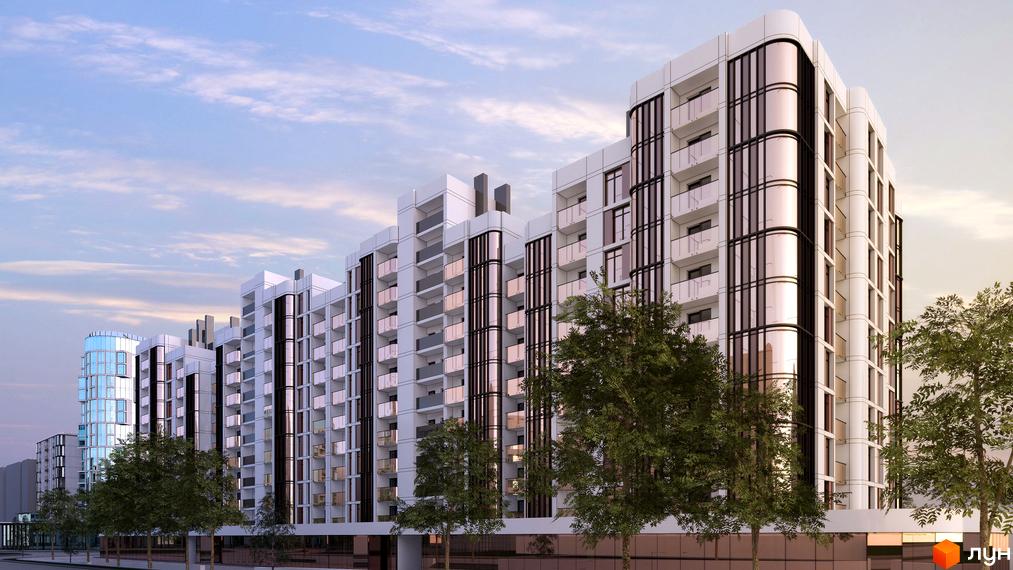 Житловий комплекс Смарагдові Вежі-3: білі багатоповерхові будинки з округлими скляними фасадами та балконами, перед якими висаджені дерева.