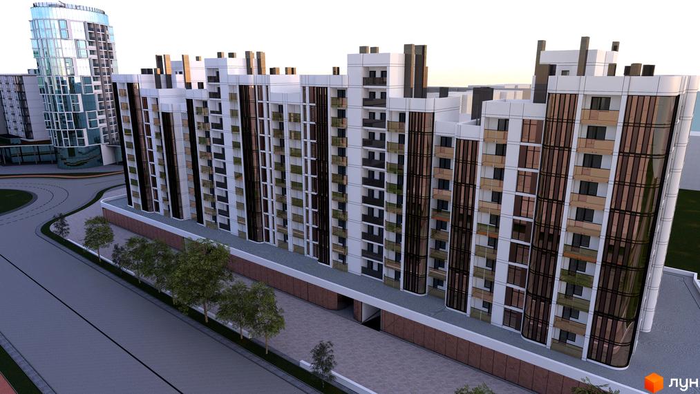 Житловий комплекс Смарагдові Вежі-3 з білими фасадами та великими вікнами. Поруч дорога, дерева та в'їзд до паркінгу.