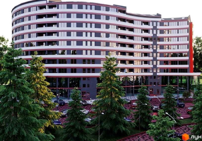 Зображення багатоповерхового будинку з великою кількістю вікон. На передньому плані дерева, припарковані автомобілі та освітлення Житлового комплексу River Park.