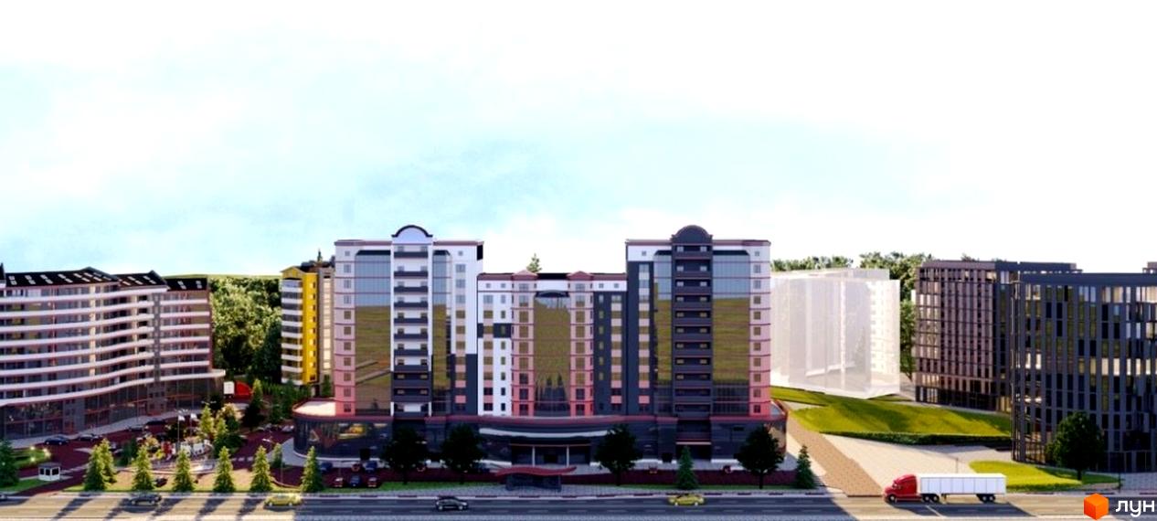 Житловий комплекс River Park 2: багатоповерхові будинки з різними фасадами та облаштована прибудинкова територія з деревами.