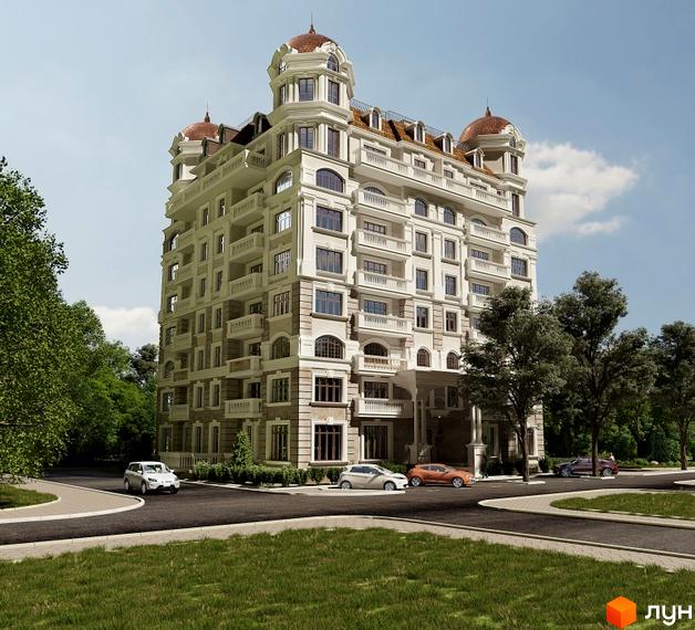Житловий комплекс Цитадель: багатоповерховий будинок з виразною архітектурою, куполами та балконами. Навколо зелені дерева та дороги.