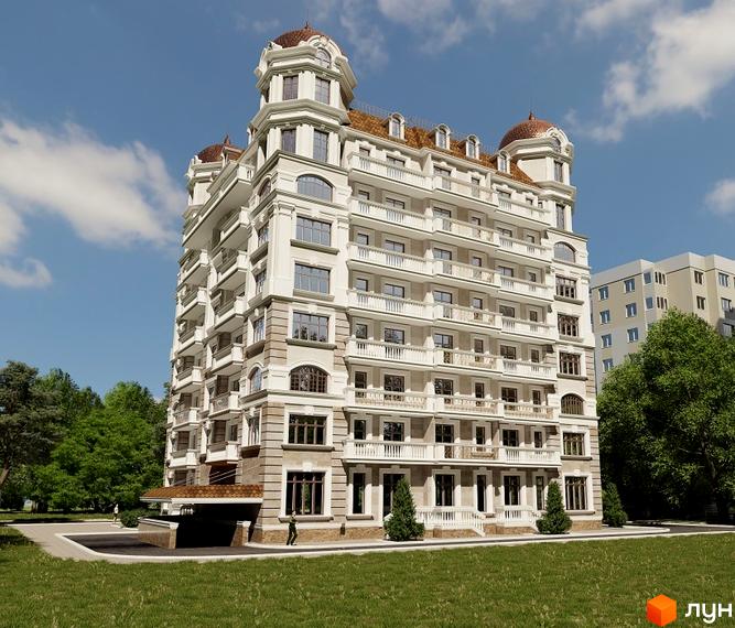 Житловий комплекс Цитадель – багатоповерховий будинок світлого кольору з класичним фасадом, балконами та купольними вежами. Навколо зелені газони та дерева.