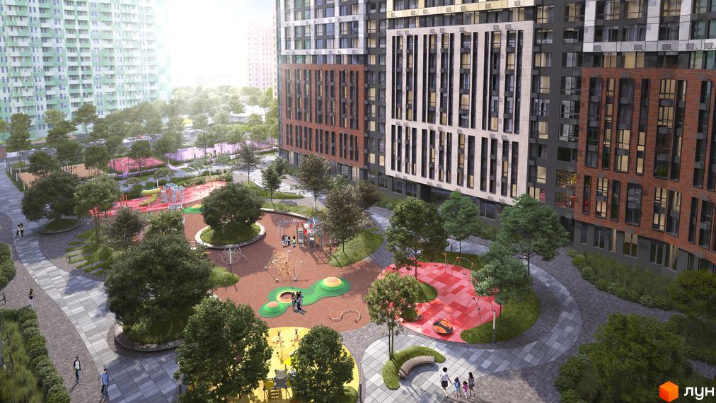 Житловий комплекс Art House з різнокольоровими фасадами та доглянутою прибудинковою територією з дитячими майданчиками та зонами відпочинку.