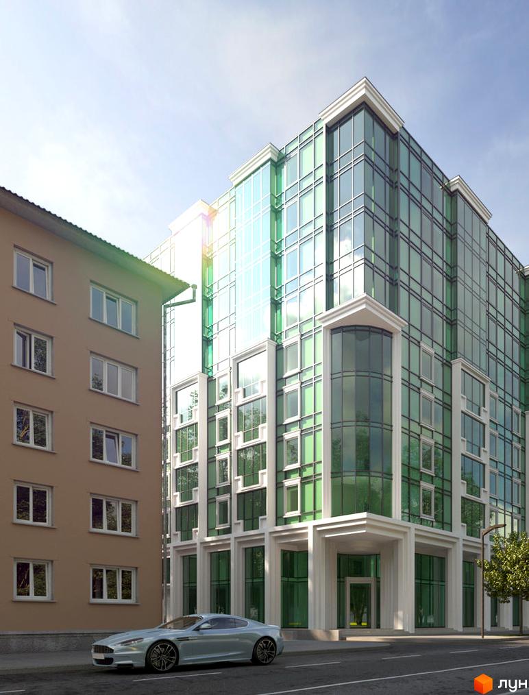 Зовнішній вигляд новобудови ЖК Діамант хол з скляним фасадом та білими елементами. Поруч розташована стара будівля та спортивний автомобіль на вулиці.
