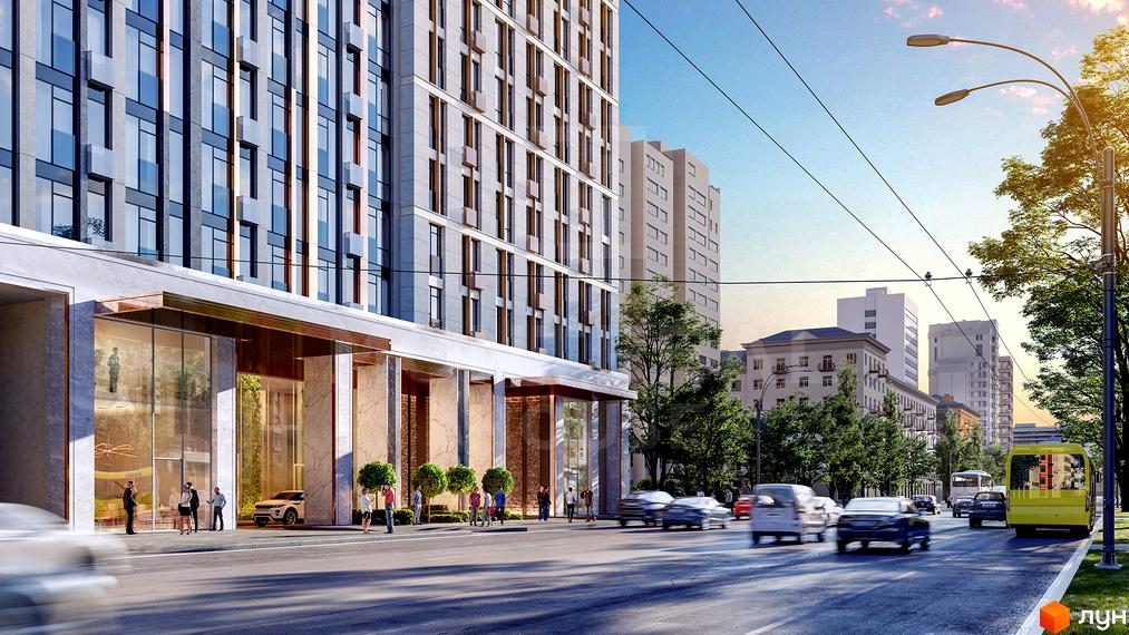 Житловий комплекс Montreal House з фасадом з великих вікон та мармуровими колонами. Навколо комплексу зелені насадження та міський пейзаж з автомобілями на дорозі.