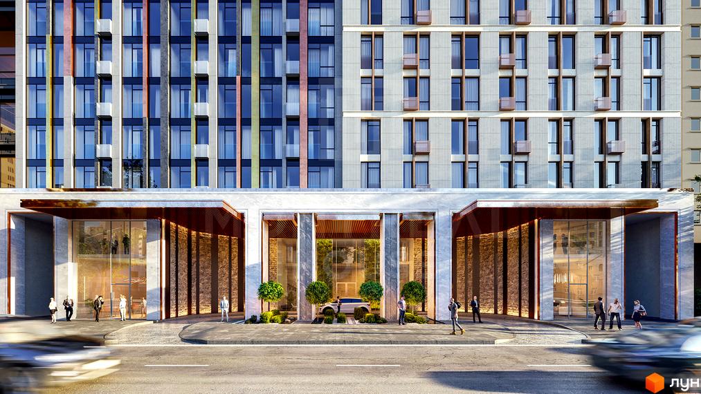 Фасад житлового комплексу Montreal House з великими вікнами, балконами та вхідною групою. Біля будинку розташовані дерева та доглянута прибудинкова територія.