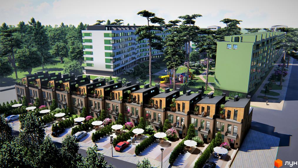 Зображення Таунхаусів „Park Town“ з балконами та темними дахами. Поруч багатоповерхові будинки, зелені насадження та дитячий майданчик.
