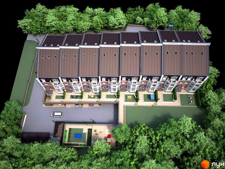 Таунхауси Royal Hill: вид зверху на ряди будинків з коричневими дахами та цегляними фасадами. Прибудинкова територія включає зелені зони, дитячий майданчик та зону для відпочинку.