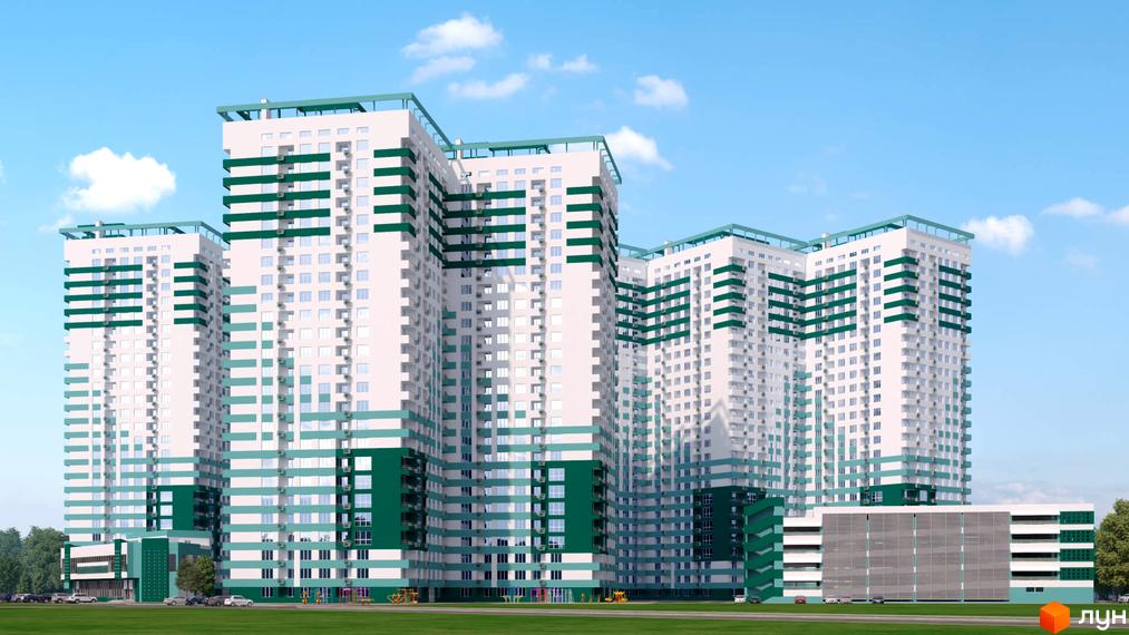 Житловий комплекс Альтаїр-3 - це багатоповерхові будинки з біло-зеленими фасадами. Навколо комплексу розташовані зелені насадження, дитячі майданчики та парковка.