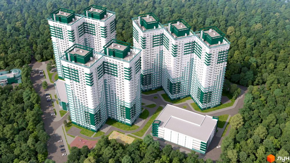 Житловий комплекс Альтаїр-3: висотні будинки білого та зеленого кольорів, розташовані серед дерев. Поруч дитячий майданчик та паркінг.