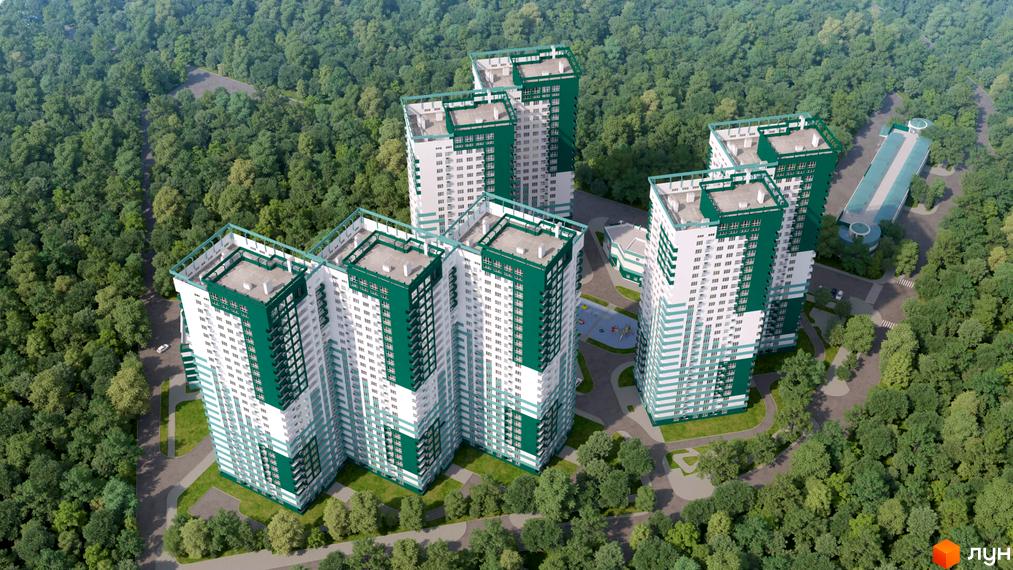 Житловий комплекс Альтаїр-3: сучасні висотні будинки з біло-зеленими фасадами, розташовані серед густого зеленого лісу. Територія комплексу включає дитячий майданчик та дороги.